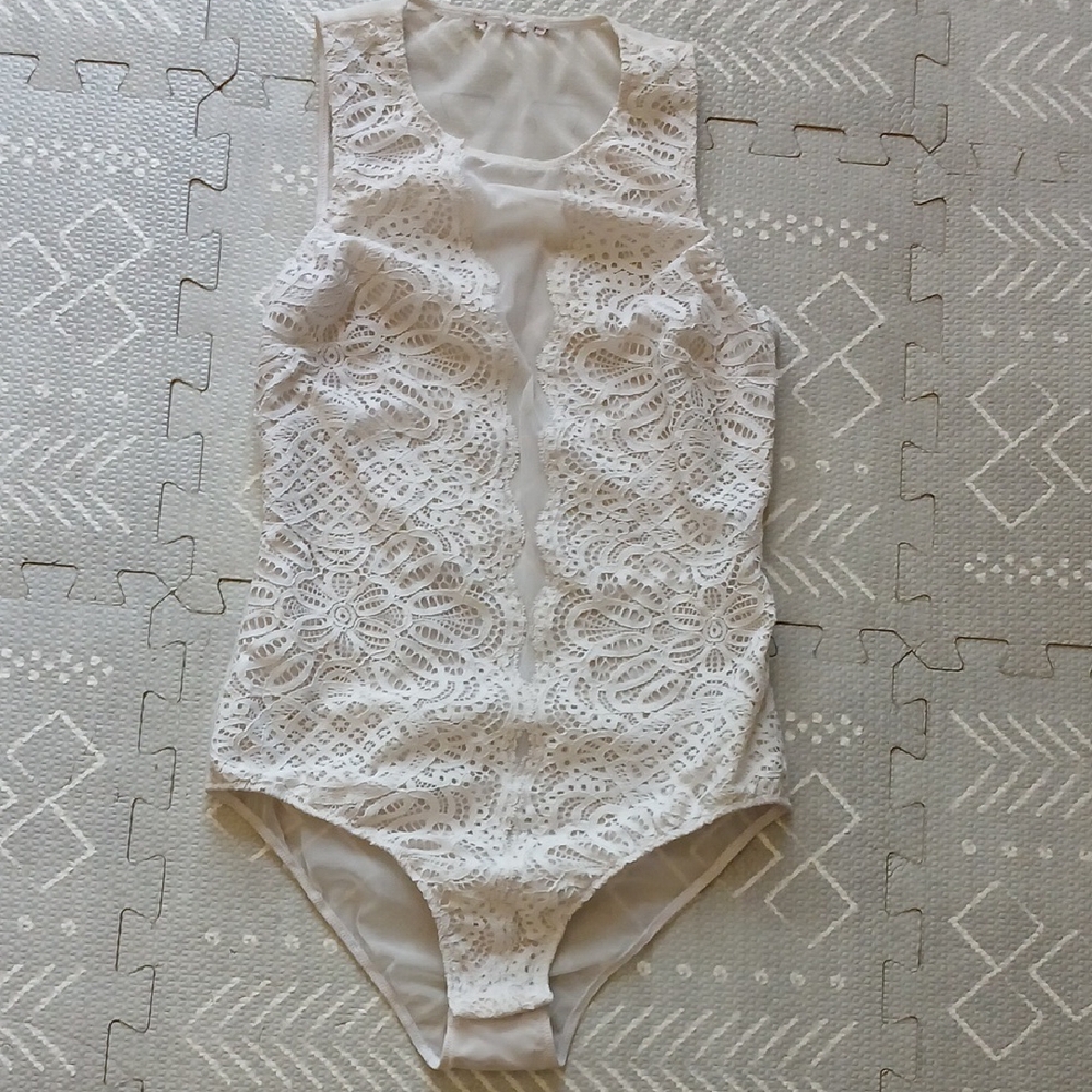 Victoria's Secret Cream Lace Bodysuit High Neck